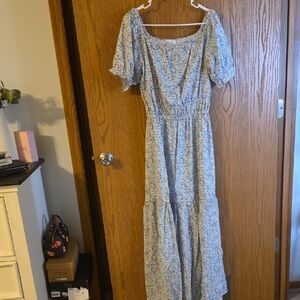 Light Blue Floral Maxi Dress with Puff Sleeves PTP 19, WAIST 15 TO 19